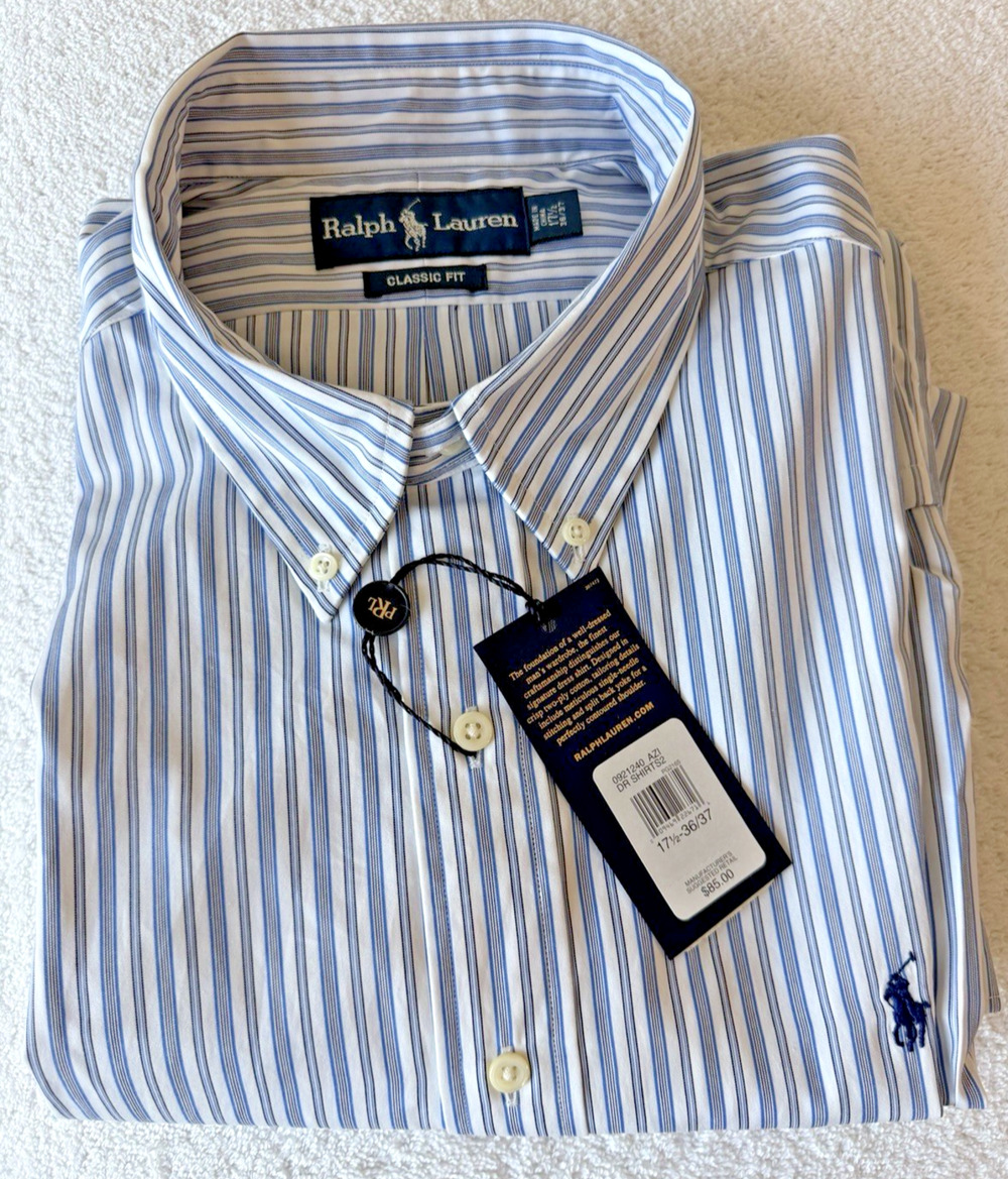 NWT Ralph Lauren Oxford Men’s 17 1/2 Striped White/Blue Cotton Dress Shirt